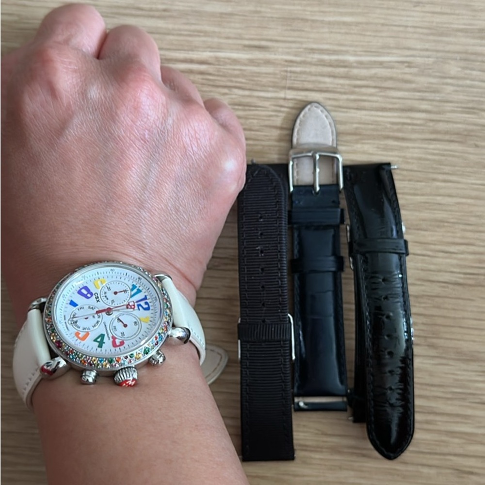💯% Authentic Michele Mulit Colored Gemstones 💎 Watch w/ 3 Extra Straps